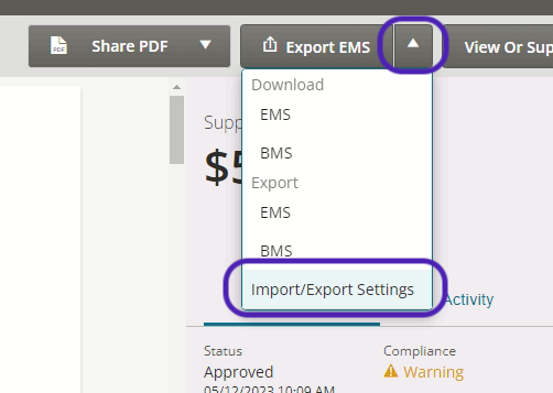 Mitchell-import-export-settings-menu